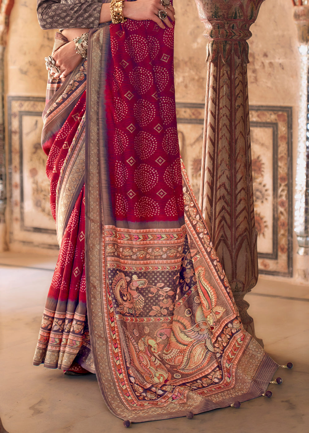 Ruby Pink Viscose Silk Saree with Rajwadi Print