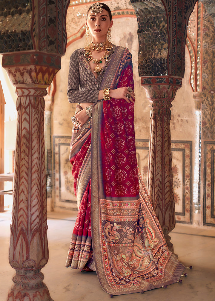 Ruby Pink Viscose Silk Saree with Rajwadi Print