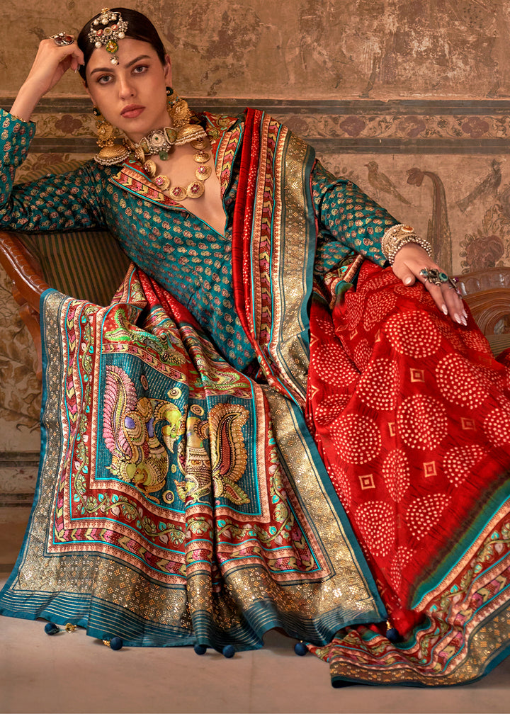 Crimson Red Viscose Silk Saree with Rajwadi Print