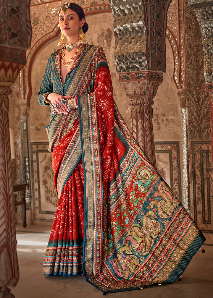 Crimson Red Viscose Silk Saree with Rajwadi Print