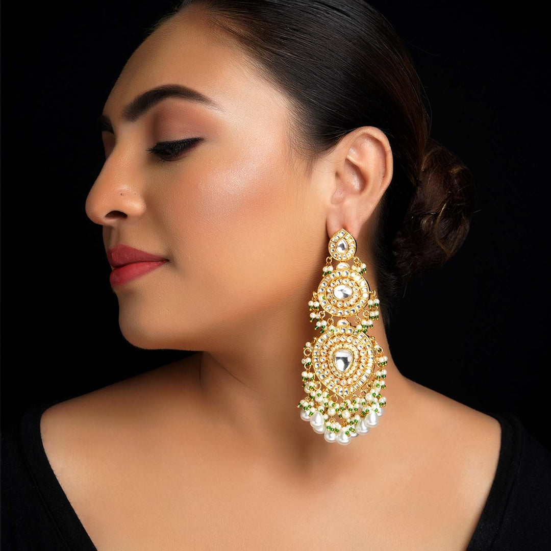 Isha Pista Green Stone Gold Plated Kundan Earrings