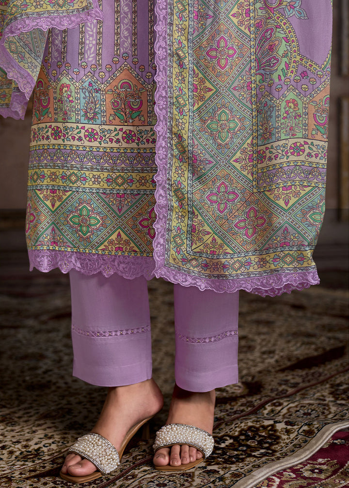 Shades Of Blue Digital Printed Muslin with Resham Embroidered Hemline and Sleeves