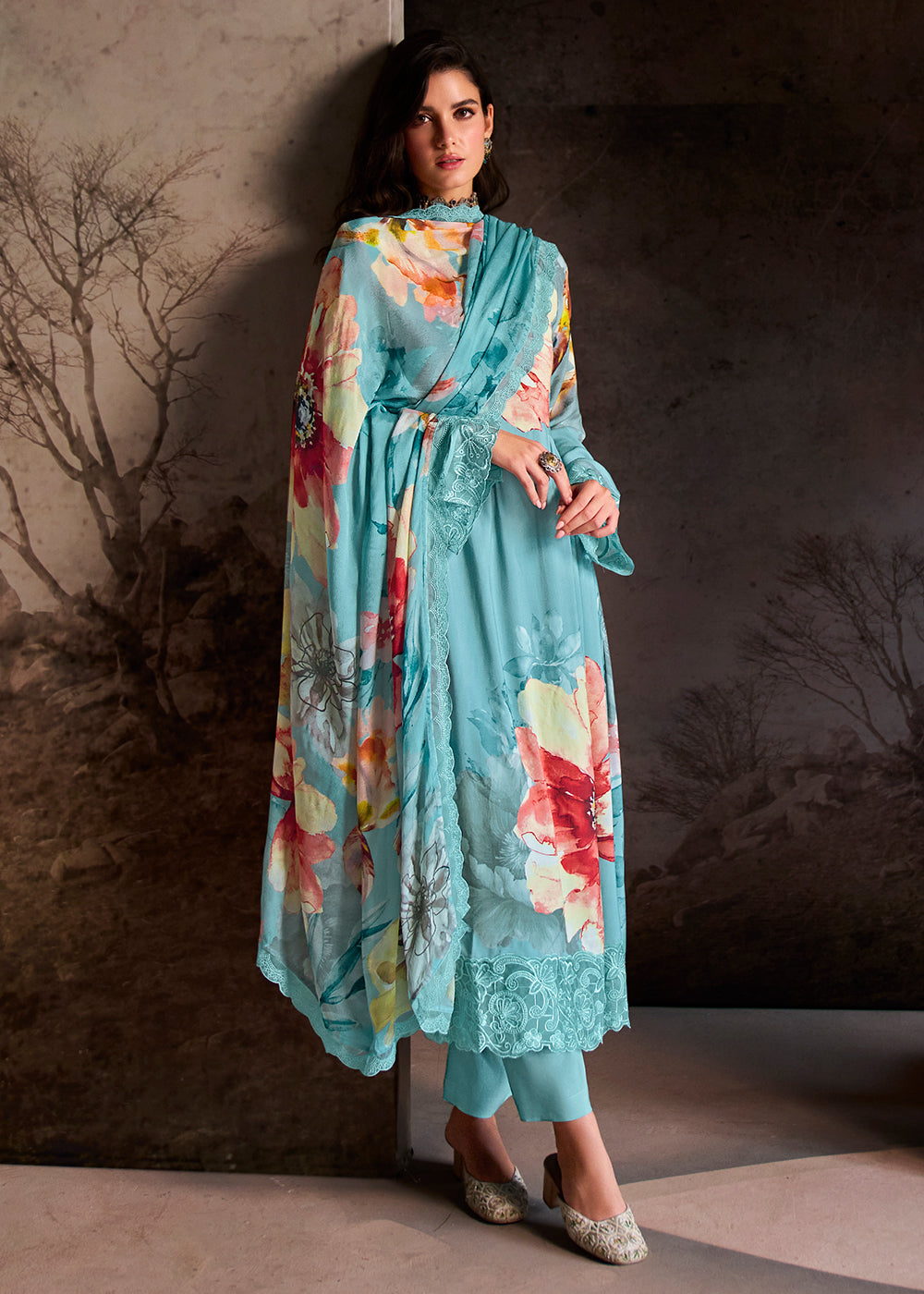 Pacific Blue Muslin Floral Digital Print Suit with Embroidered Hemline and Sleeves