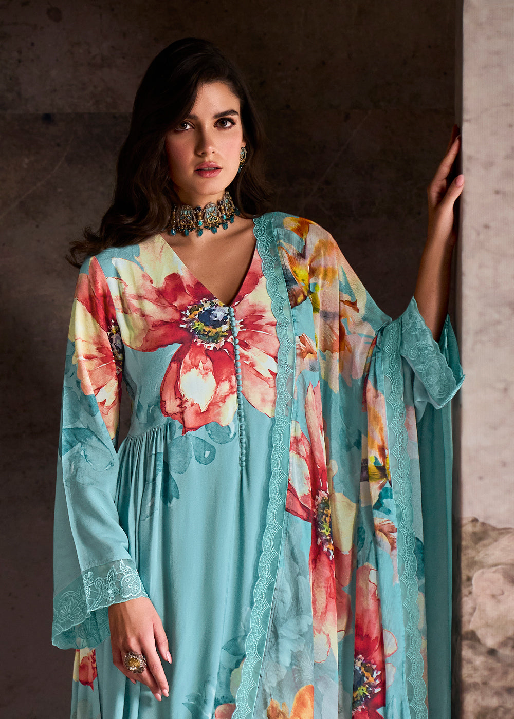 Pacific Blue Muslin Floral Digital Print Suit with Embroidered Hemline and Sleeves