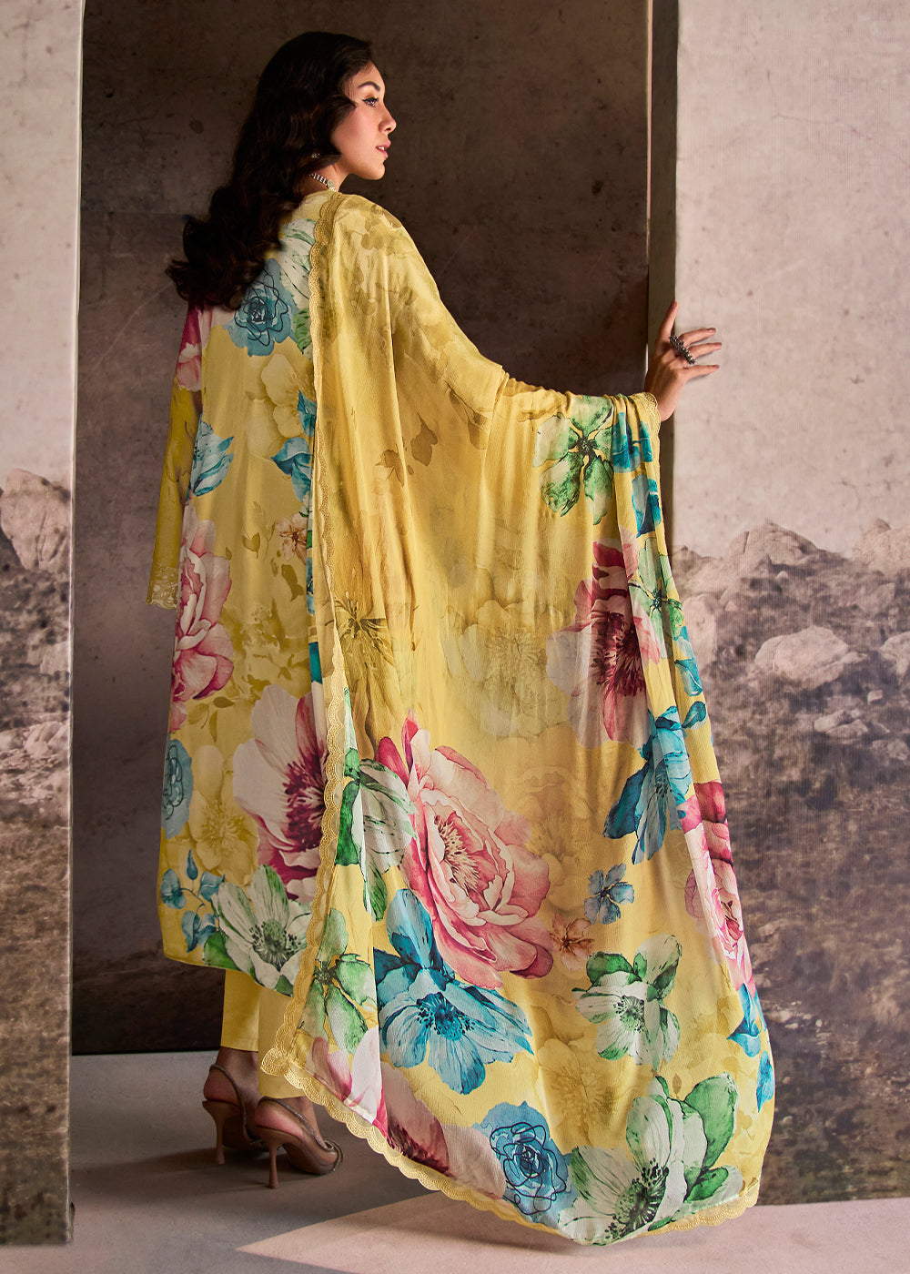 Aureolin Yellow Muslin Floral Digital Print Suit with Embroidered Hemline and Sleeves