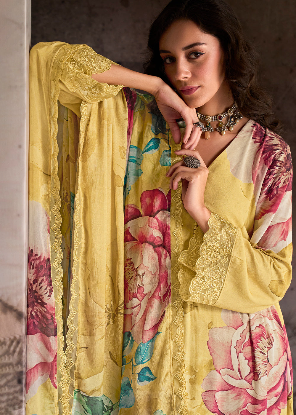 Aureolin Yellow Muslin Floral Digital Print Suit with Embroidered Hemline and Sleeves