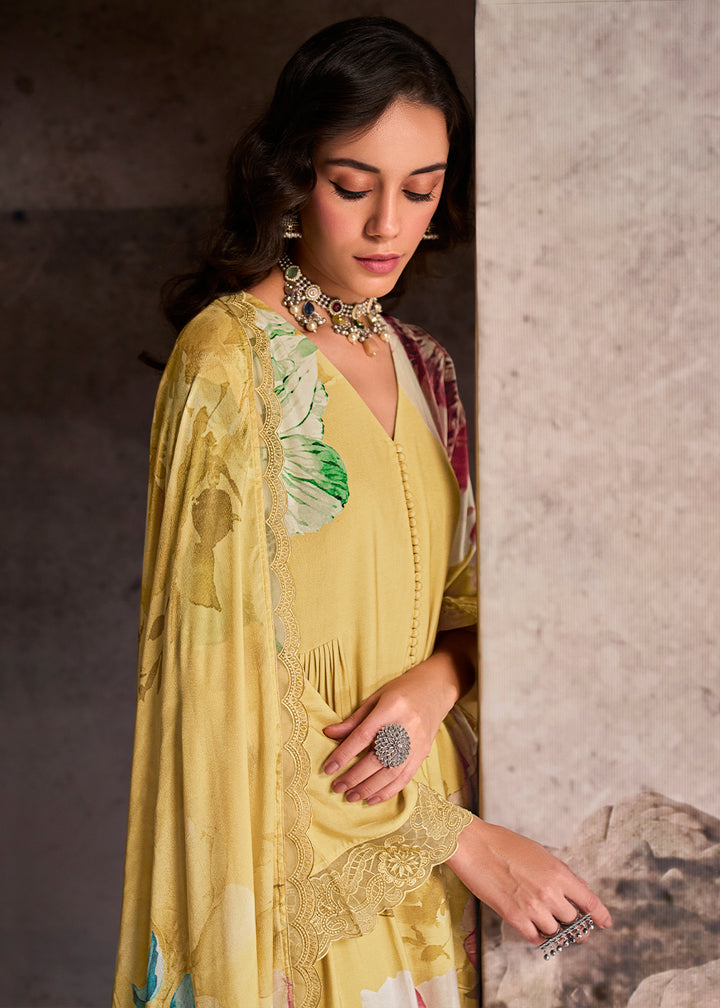 Aureolin Yellow Muslin Floral Digital Print Suit with Embroidered Hemline and Sleeves