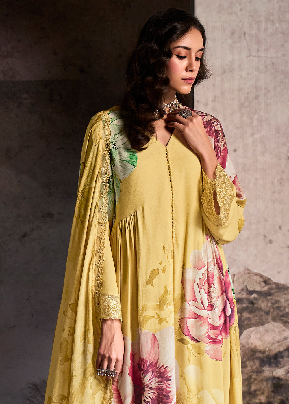 Aureolin Yellow Muslin Floral Digital Print Suit with Embroidered Hemline and Sleeves