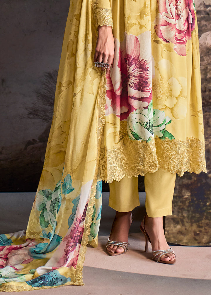 Aureolin Yellow Muslin Floral Digital Print Suit with Embroidered Hemline and Sleeves