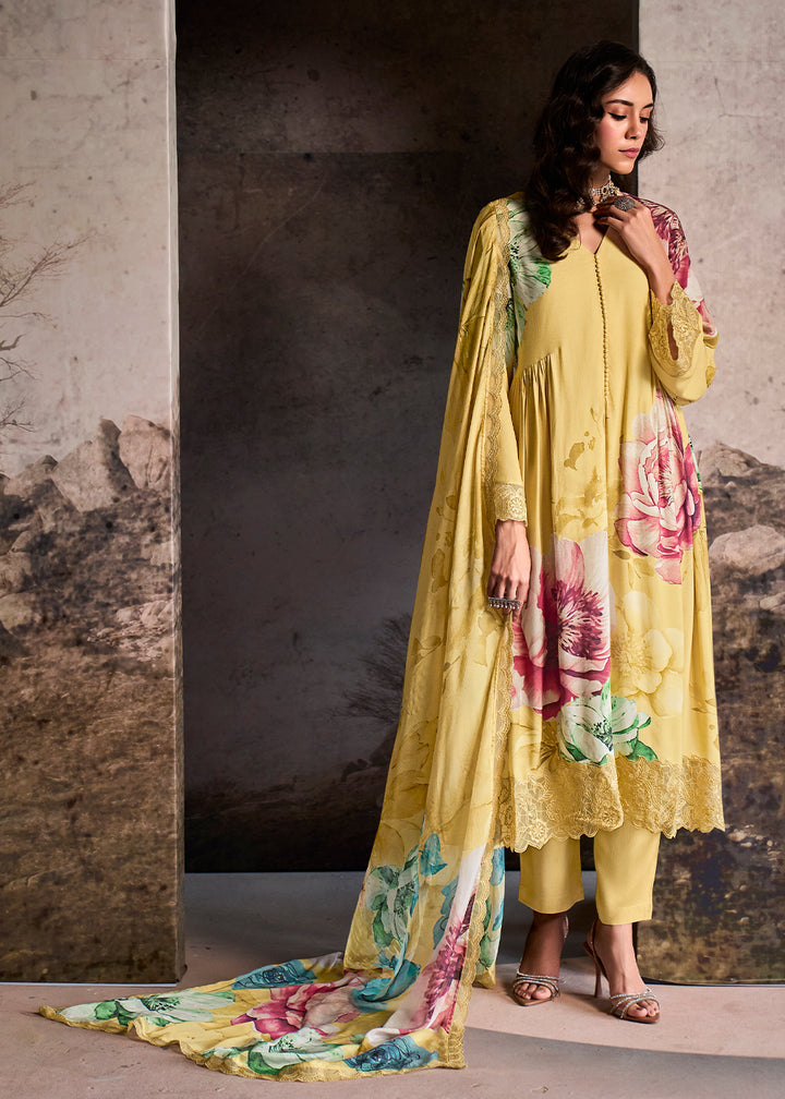 Aureolin Yellow Muslin Floral Digital Print Suit with Embroidered Hemline and Sleeves