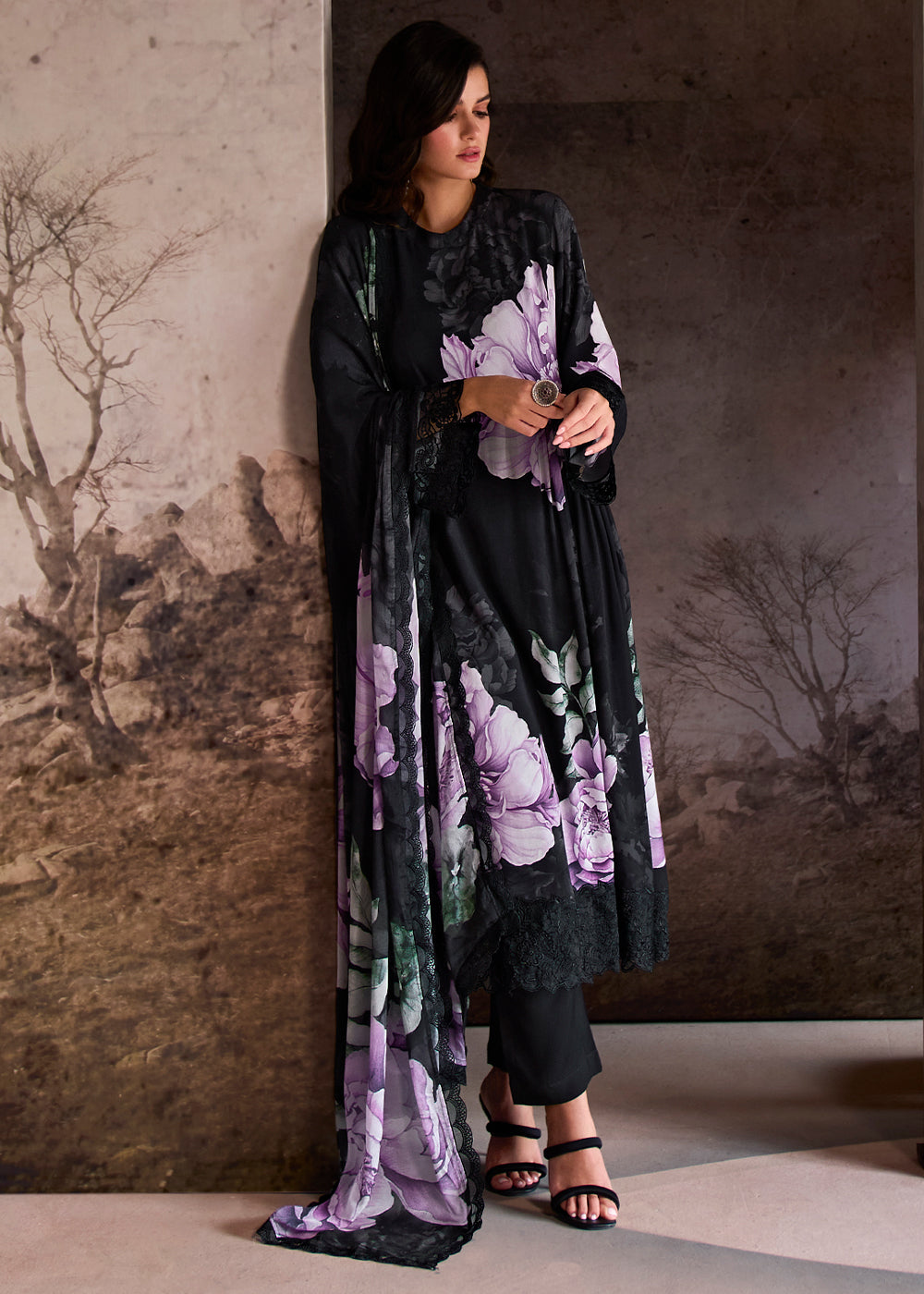 Midnight Black Muslin Floral Digital Print Suit with Embroidered Hemline and Sleeves