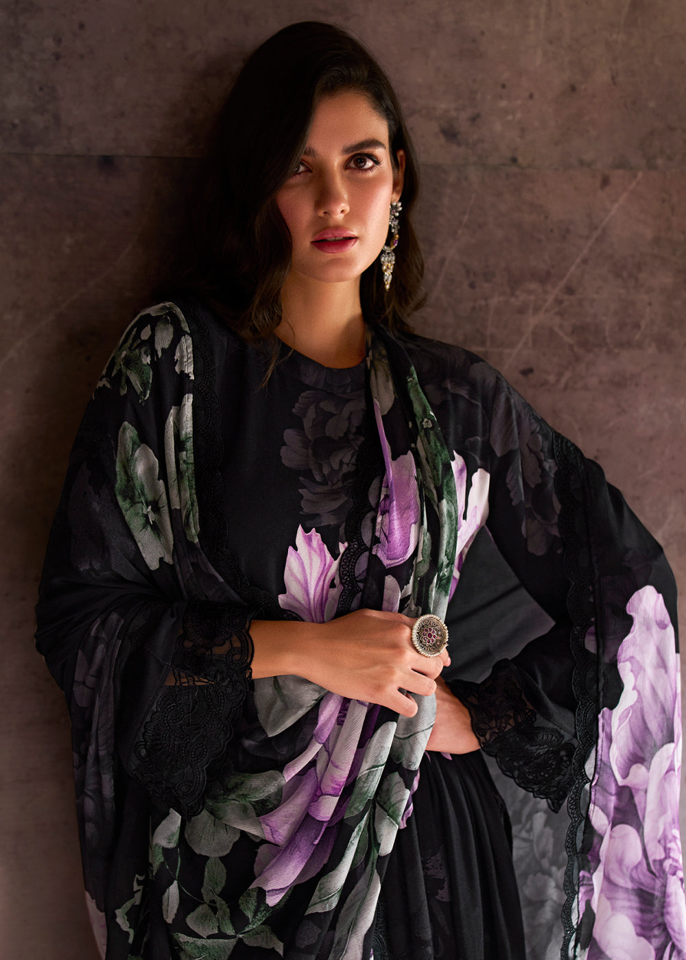 Midnight Black Muslin Floral Digital Print Suit with Embroidered Hemline and Sleeves