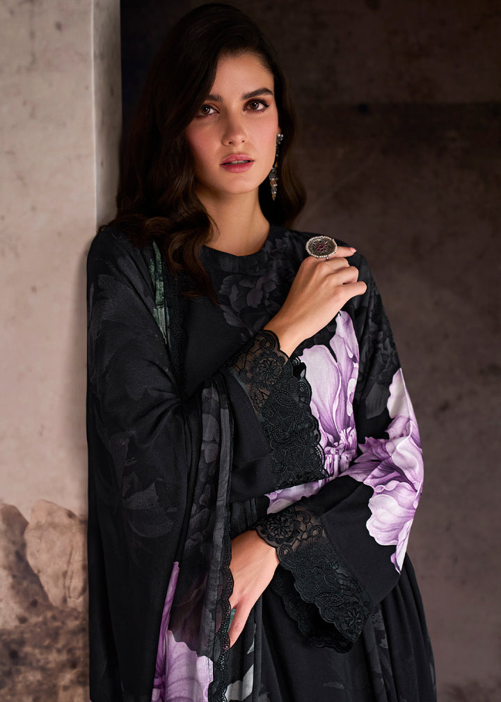 Midnight Black Muslin Floral Digital Print Suit with Embroidered Hemline and Sleeves