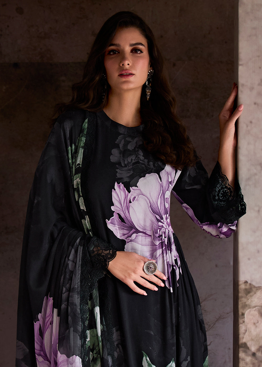 Midnight Black Muslin Floral Digital Print Suit with Embroidered Hemline and Sleeves