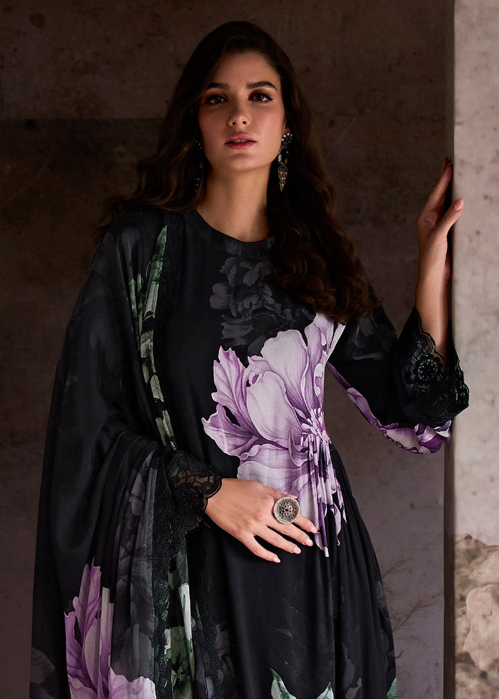 Midnight Black Muslin Floral Digital Print Suit with Embroidered Hemline and Sleeves