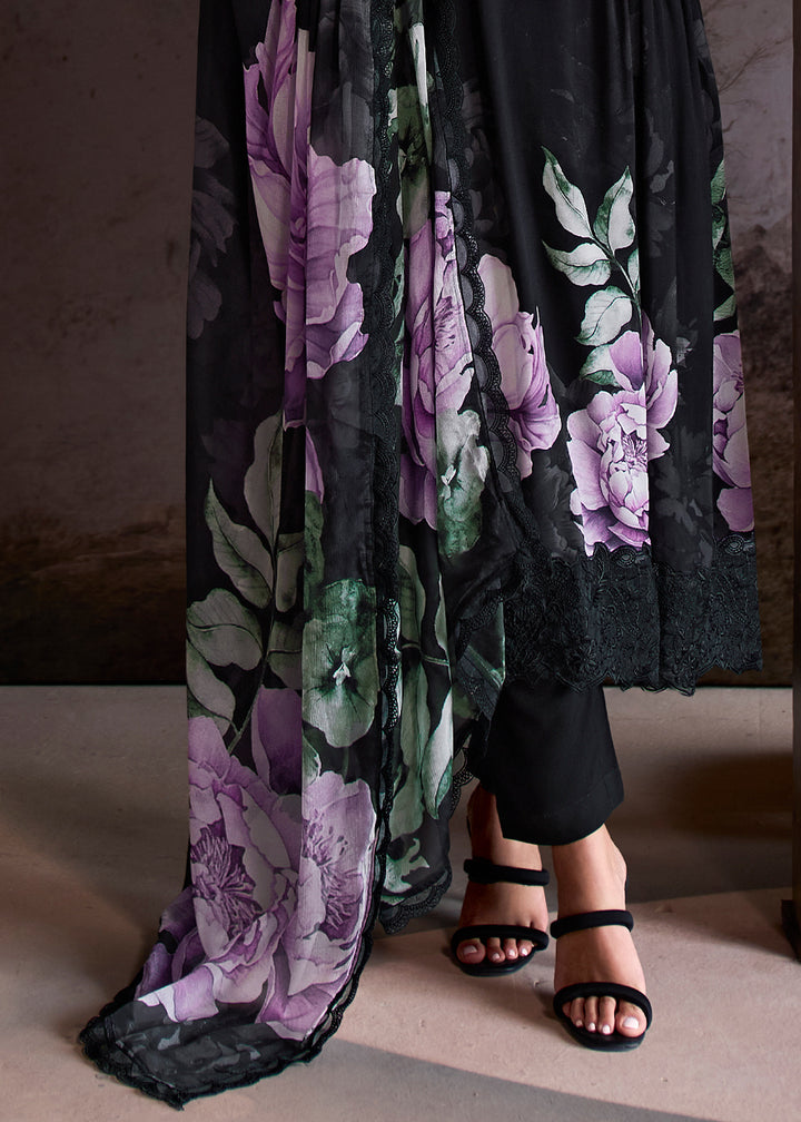 Midnight Black Muslin Floral Digital Print Suit with Embroidered Hemline and Sleeves