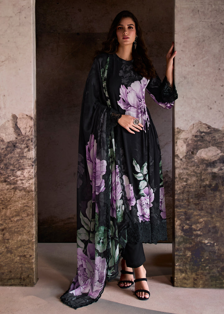 Midnight Black Muslin Floral Digital Print Suit with Embroidered Hemline and Sleeves