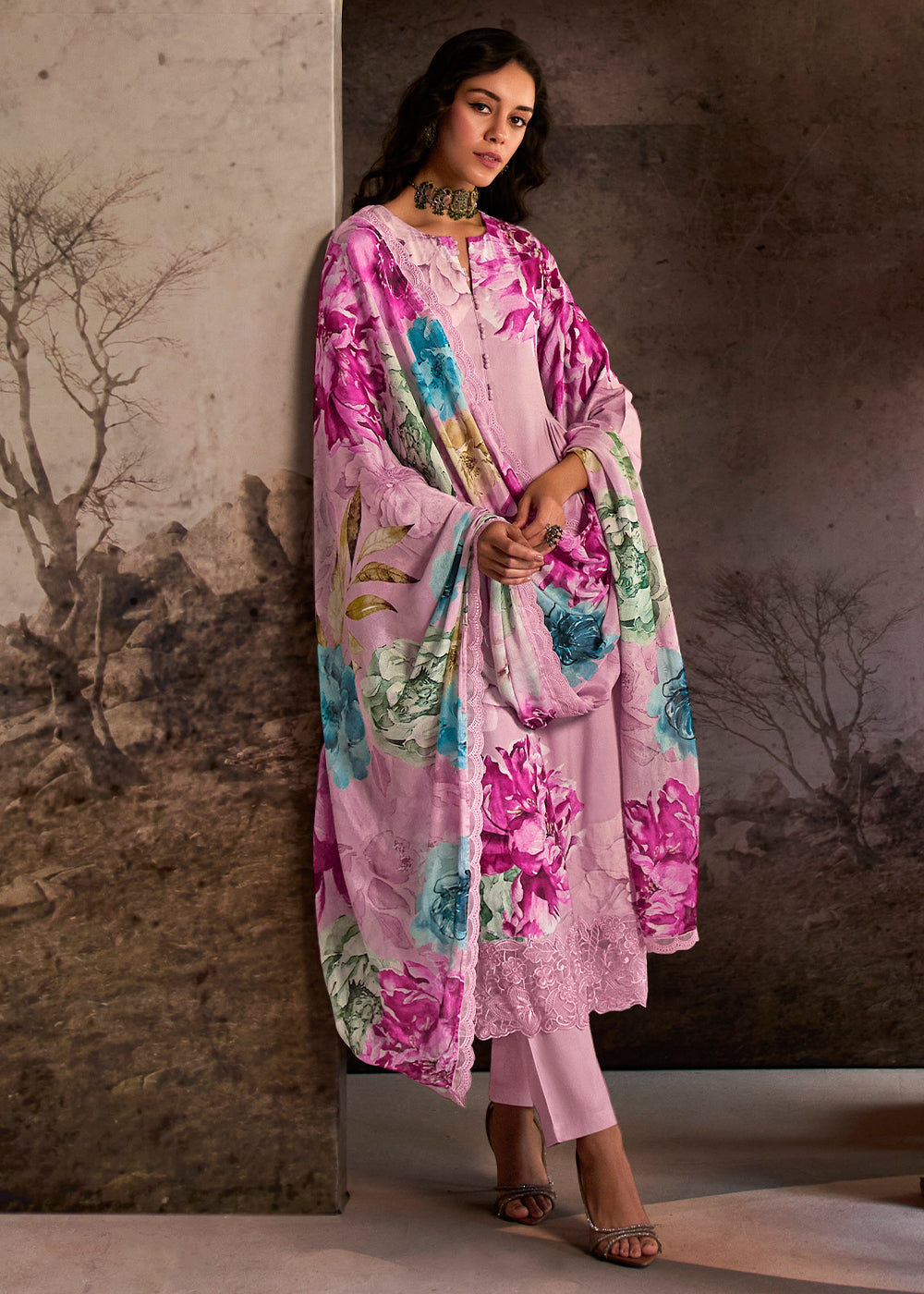 Light Pink Muslin Floral Digital Print Suit with Embroidered Hemline and Sleeves