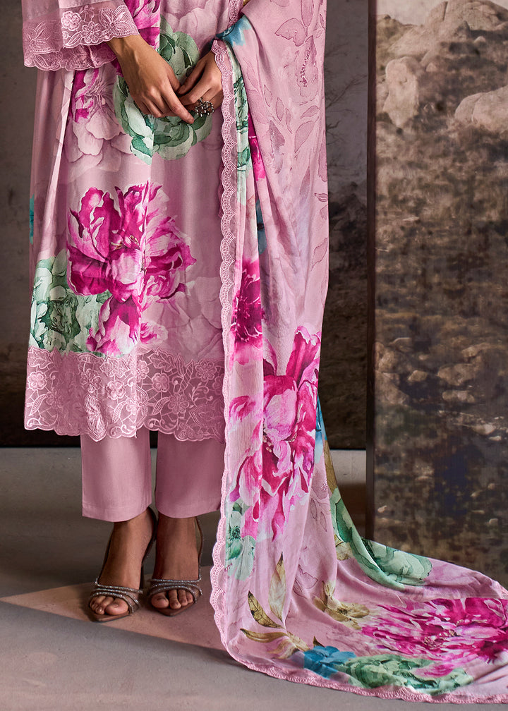 Light Pink Muslin Floral Digital Print Suit with Embroidered Hemline and Sleeves