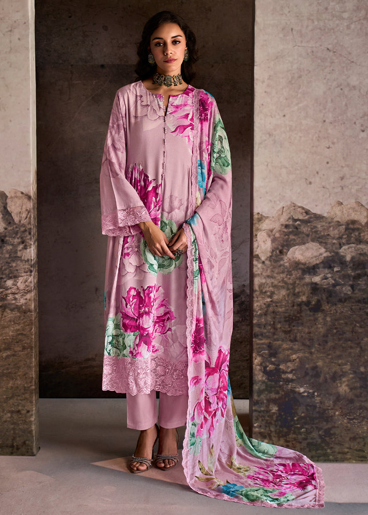 Light Pink Muslin Floral Digital Print Suit with Embroidered Hemline and Sleeves