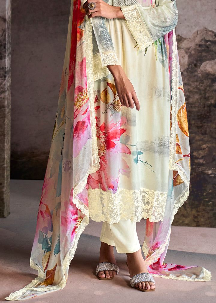 Cream White Muslin Floral Digital Print Suit with Embroidered Hemline and Sleeves