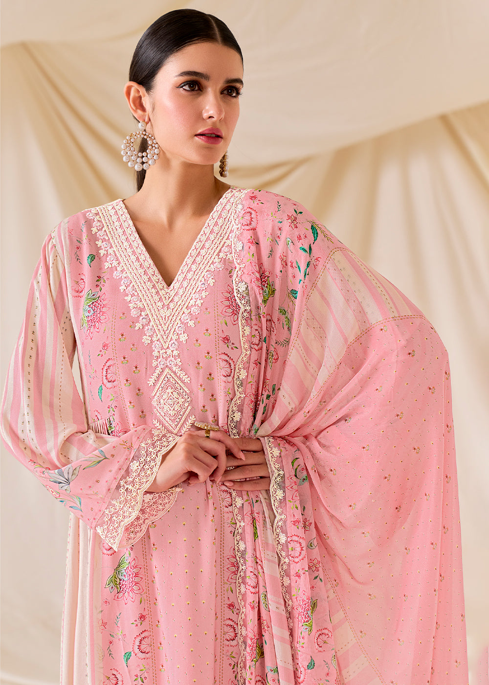 Flamingo Pink Muslin Digital Print Suit with Dori Work on Neck, Sleeves, and Hemline