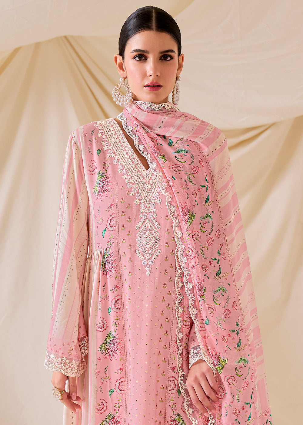 Flamingo Pink Muslin Digital Print Suit with Dori Work on Neck, Sleeves, and Hemline