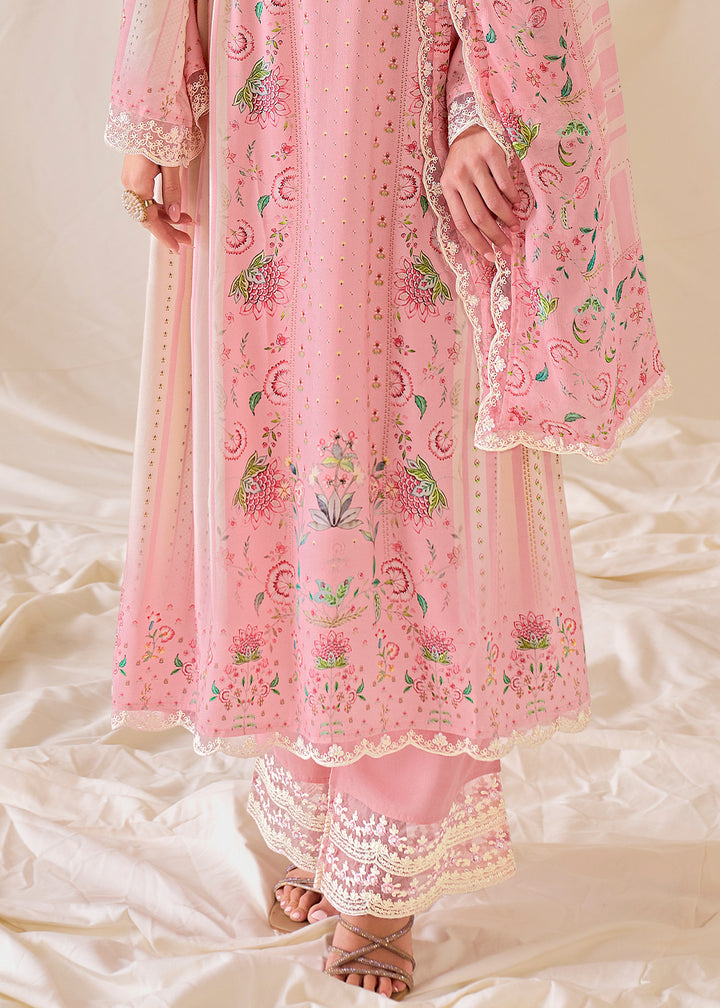 Flamingo Pink Muslin Digital Print Suit with Dori Work on Neck, Sleeves, and Hemline