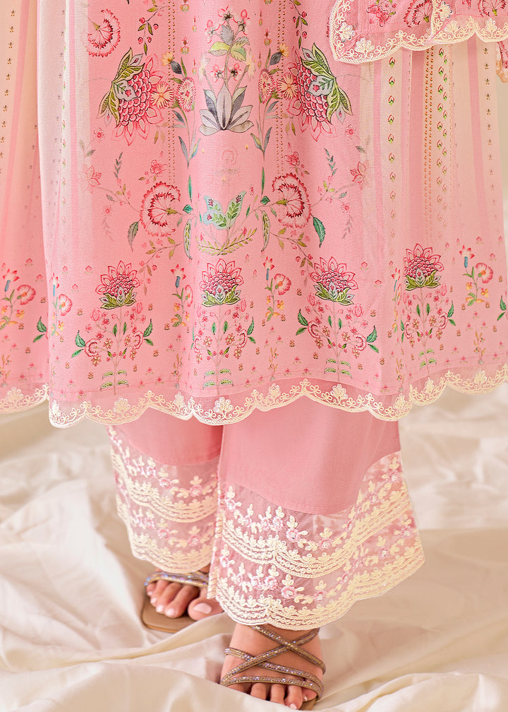 Flamingo Pink Muslin Digital Print Suit with Dori Work on Neck, Sleeves, and Hemline