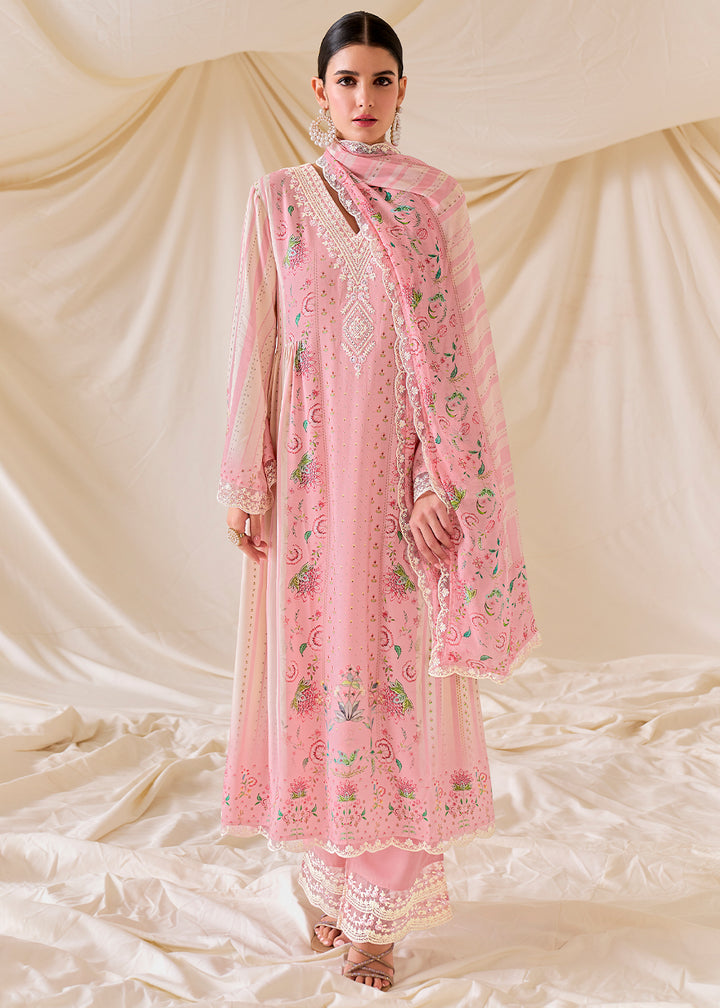 Flamingo Pink Muslin Digital Print Suit with Dori Work on Neck, Sleeves, and Hemline