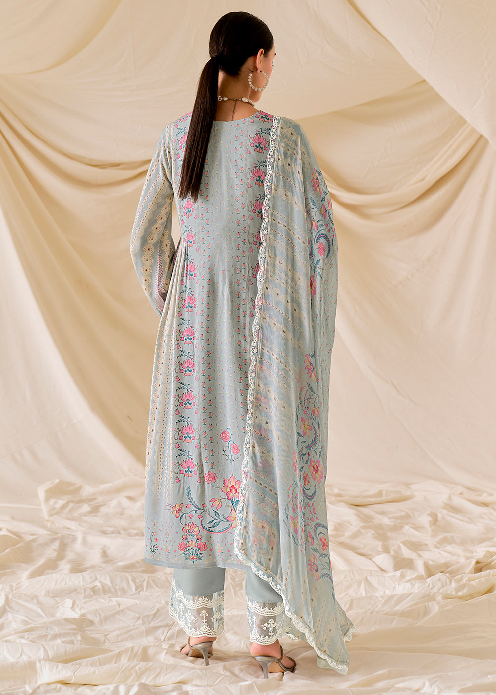 Light Grey Muslin Digital Print Suit with Dori Work on Neck, Sleeves, and Hemline