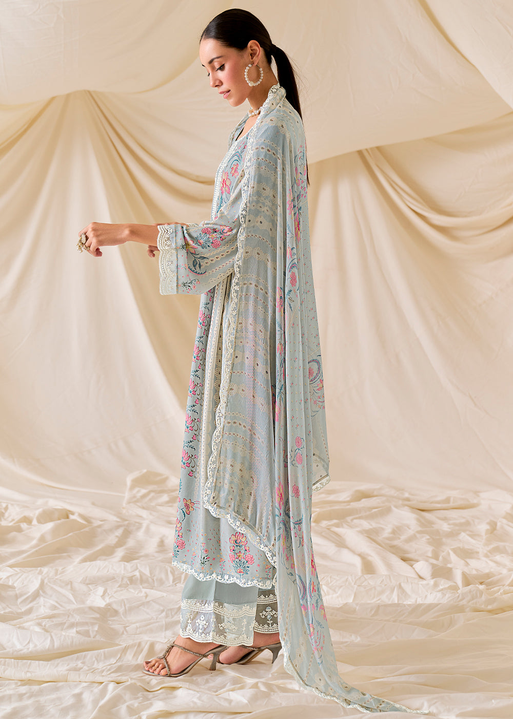 Light Grey Muslin Digital Print Suit with Dori Work on Neck, Sleeves, and Hemline