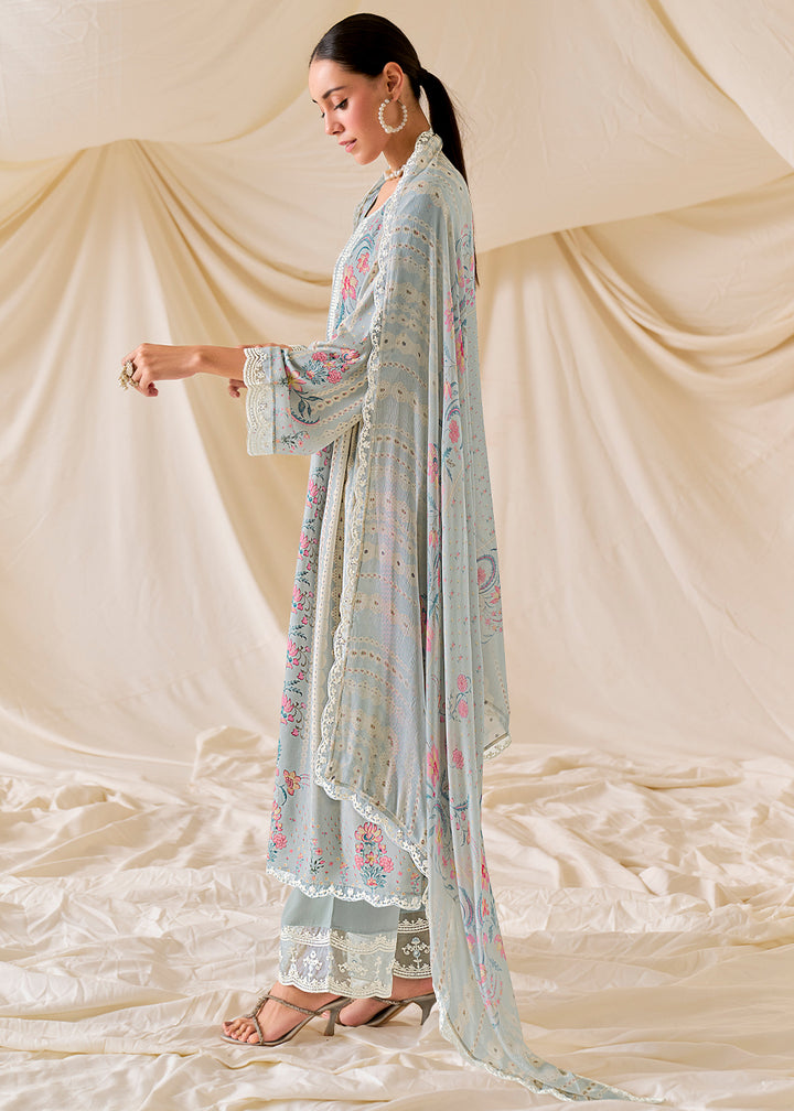 Light Grey Muslin Digital Print Suit with Dori Work on Neck, Sleeves, and Hemline