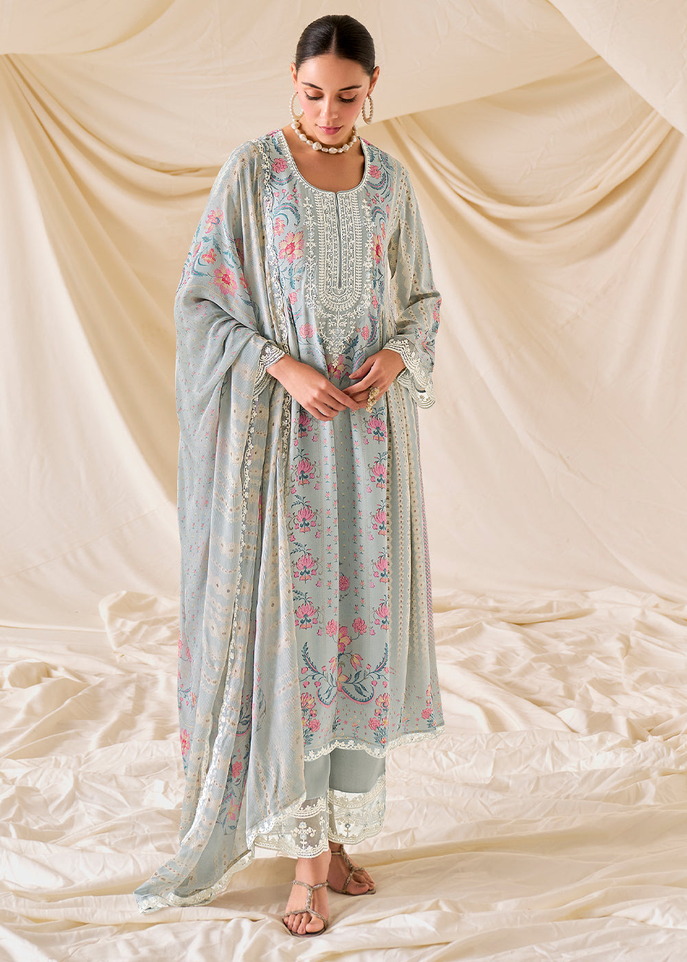 Light Grey Muslin Digital Print Suit with Dori Work on Neck, Sleeves, and Hemline