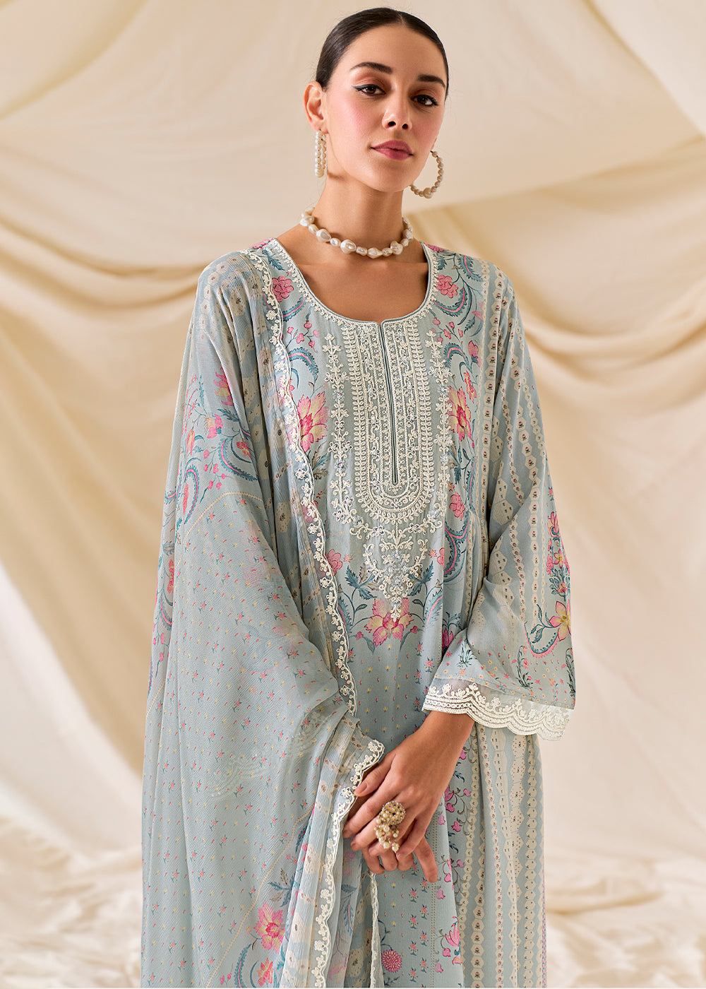 Light Grey Muslin Digital Print Suit with Dori Work on Neck, Sleeves, and Hemline