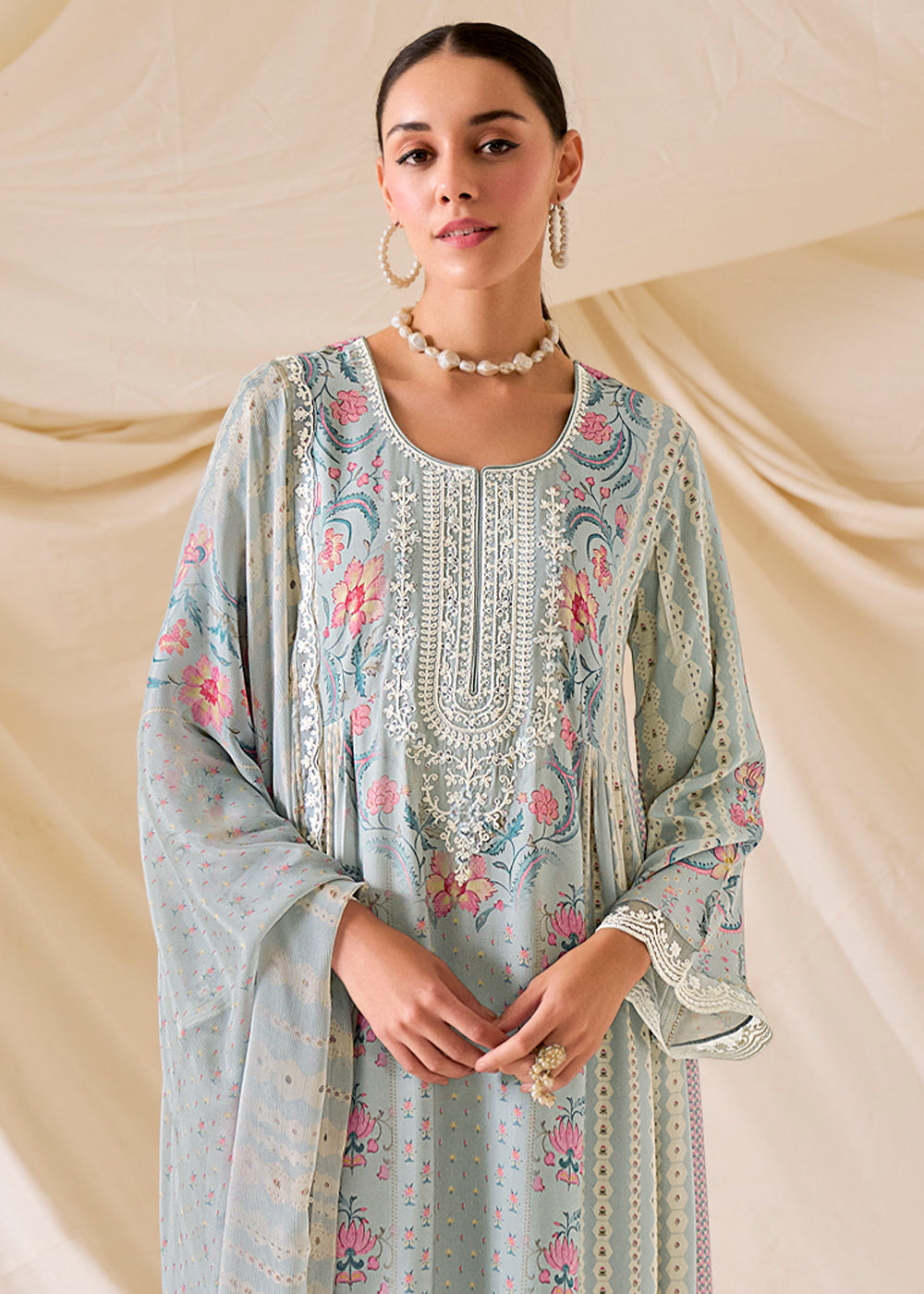 Light Grey Muslin Digital Print Suit with Dori Work on Neck, Sleeves, and Hemline