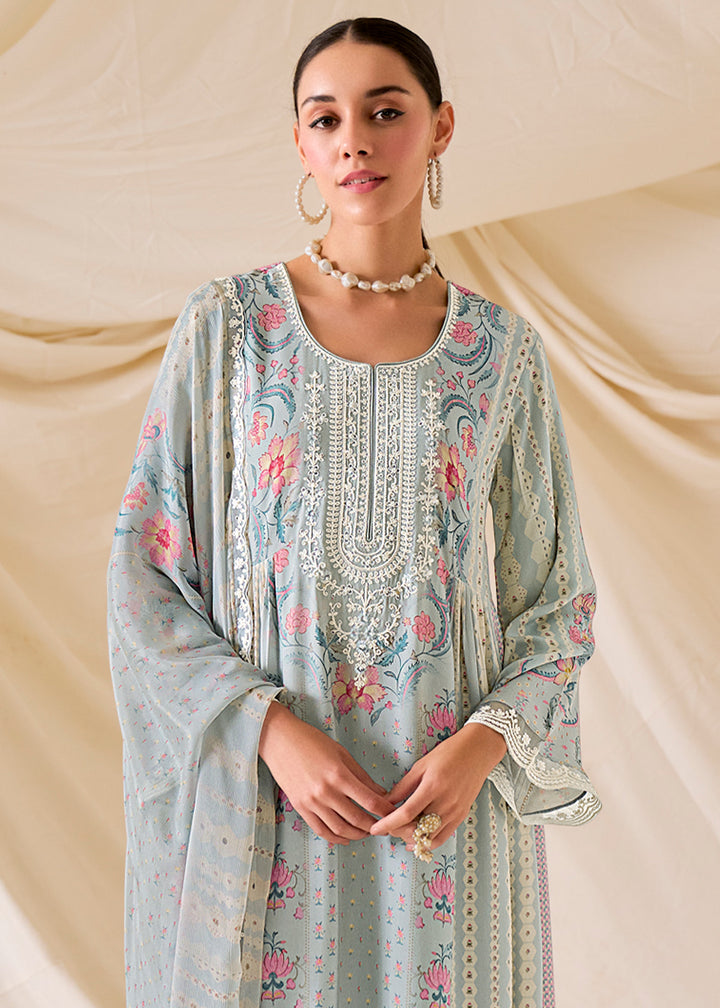 Light Grey Muslin Digital Print Suit with Dori Work on Neck, Sleeves, and Hemline