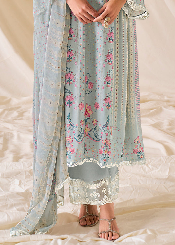 Light Grey Muslin Digital Print Suit with Dori Work on Neck, Sleeves, and Hemline