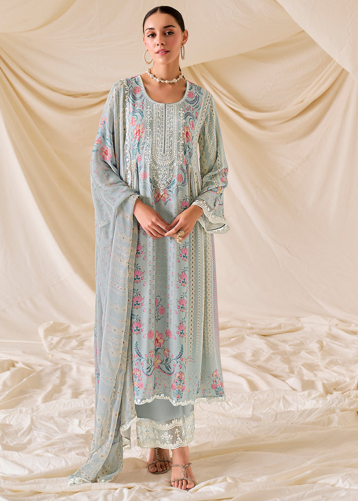 Light Grey Muslin Digital Print Suit with Dori Work on Neck, Sleeves, and Hemline