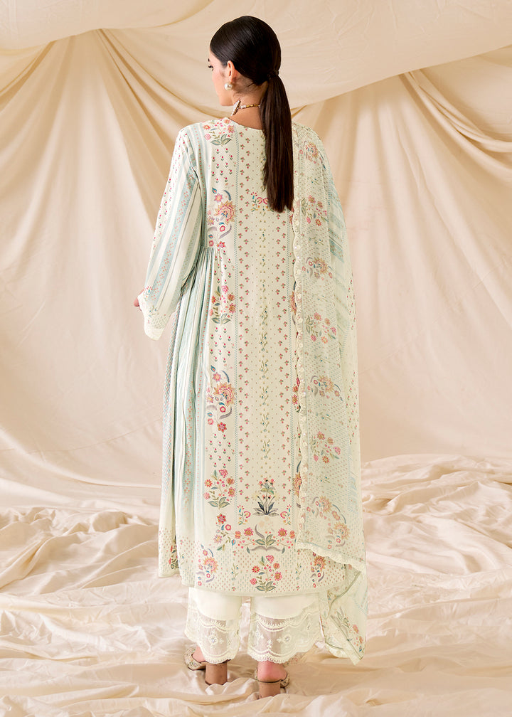 Rice White Muslin Digital Print Suit with Dori Work on Neck, Sleeves, and Hemline