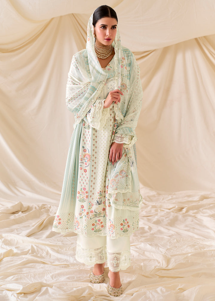 Rice White Muslin Digital Print Suit with Dori Work on Neck, Sleeves, and Hemline