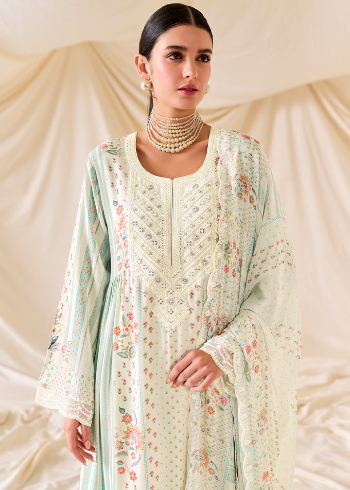 Rice White Muslin Digital Print Suit with Dori Work on Neck, Sleeves, and Hemline