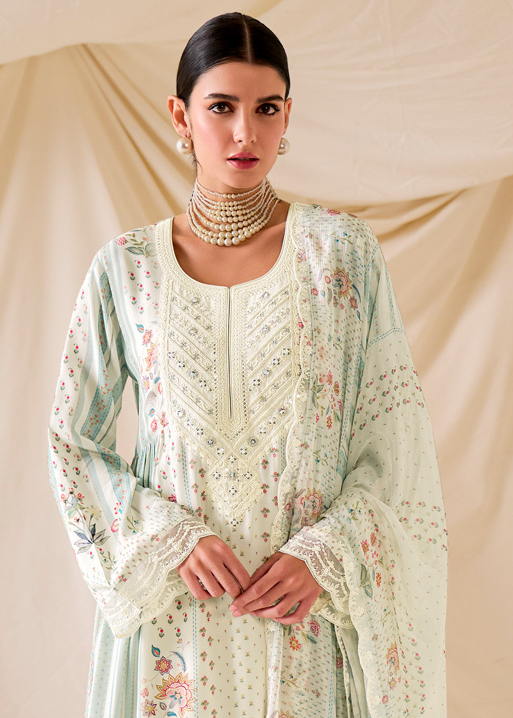 Rice White Muslin Digital Print Suit with Dori Work on Neck, Sleeves, and Hemline