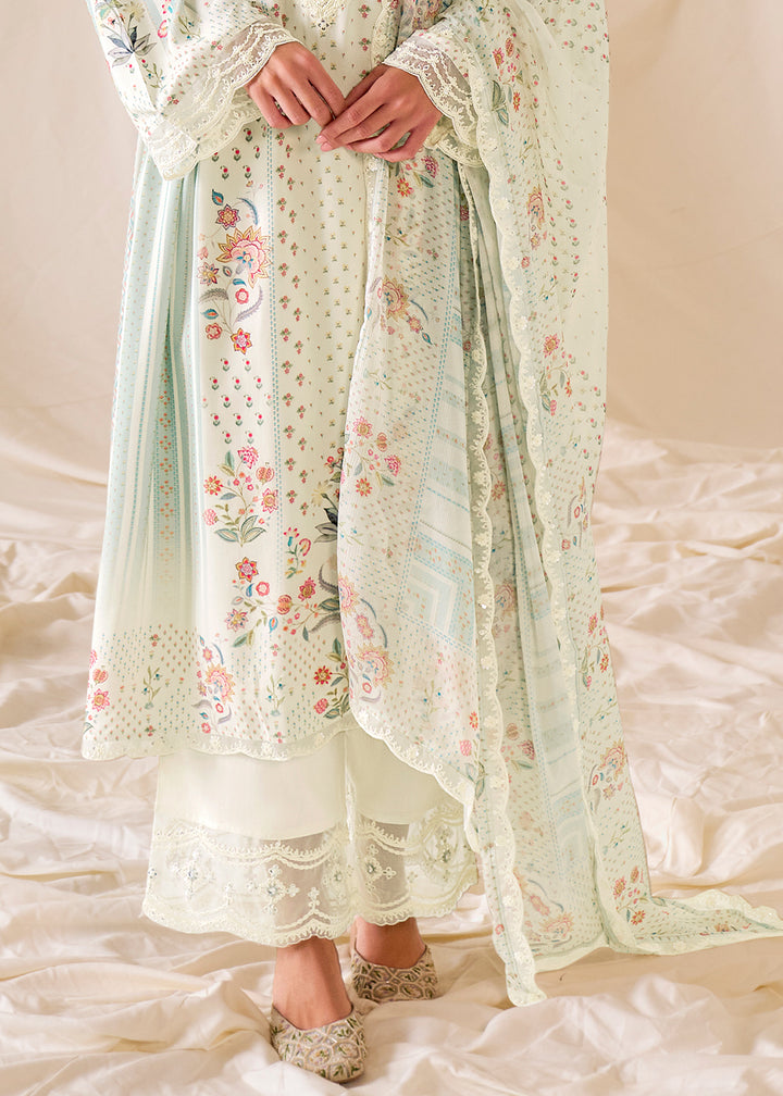 Rice White Muslin Digital Print Suit with Dori Work on Neck, Sleeves, and Hemline