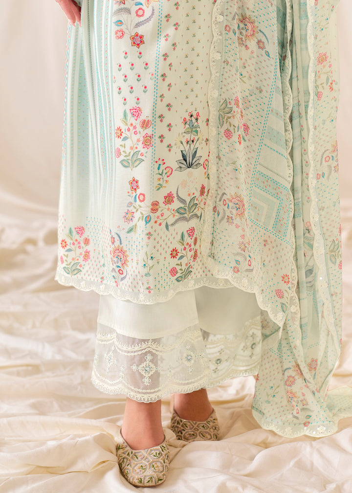 Rice White Muslin Digital Print Suit with Dori Work on Neck, Sleeves, and Hemline