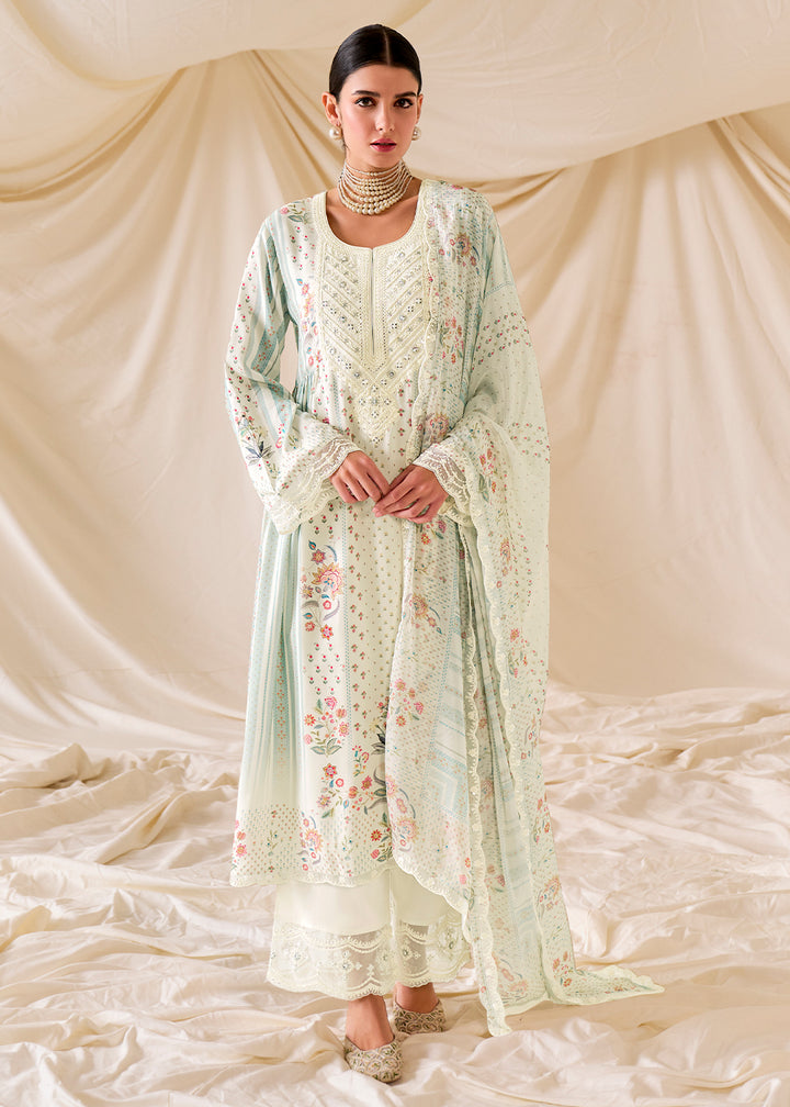 Rice White Muslin Digital Print Suit with Dori Work on Neck, Sleeves, and Hemline