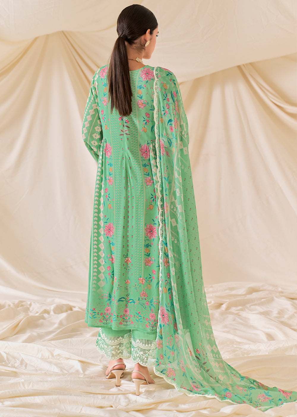 Cool Green Muslin Digital Print Suit with Dori Work on Neck, Sleeves, and Hemline