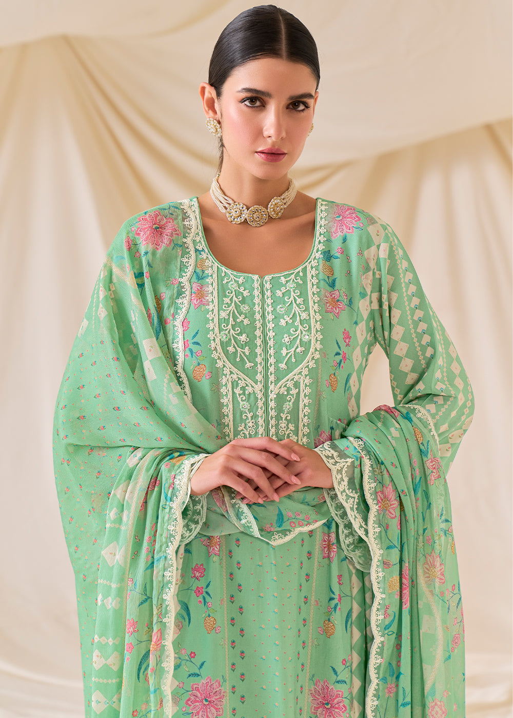 Cool Green Muslin Digital Print Suit with Dori Work on Neck, Sleeves, and Hemline