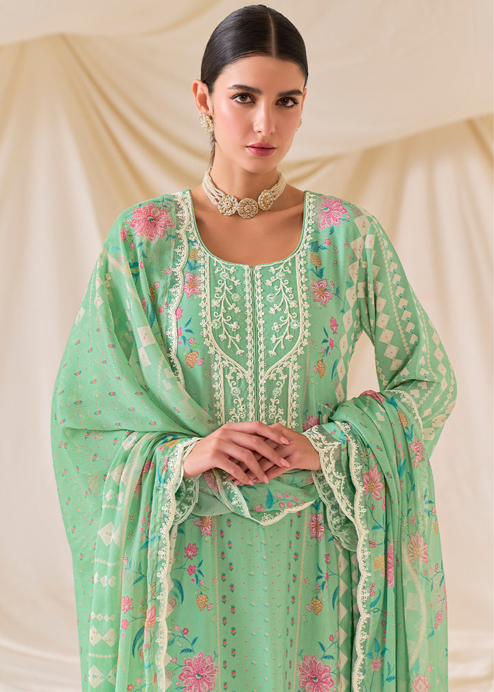 Cool Green Muslin Digital Print Suit with Dori Work on Neck, Sleeves, and Hemline