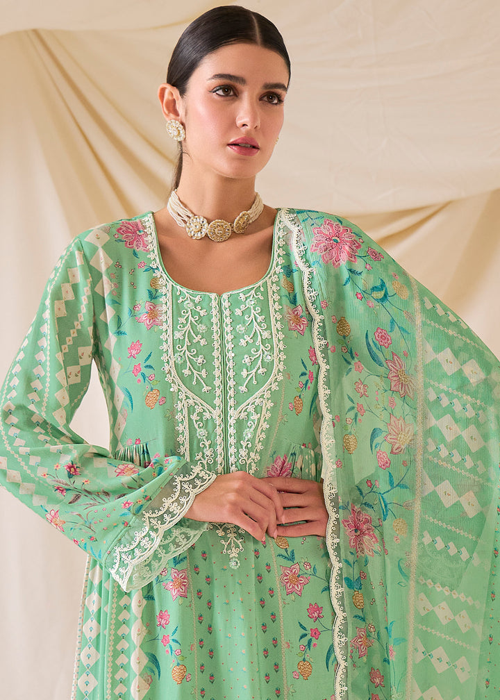 Cool Green Muslin Digital Print Suit with Dori Work on Neck, Sleeves, and Hemline